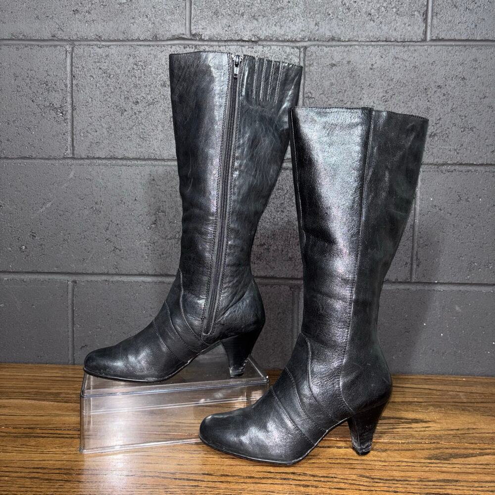 Born Black Leather Tall Knee High Boots Kitten Heel Side Zip Womens 6